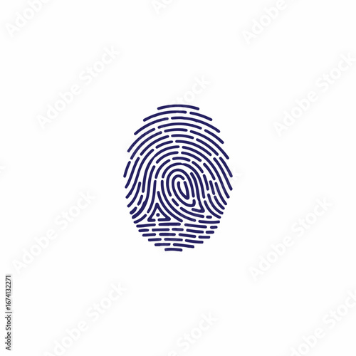 A stylized, dark blue fingerprint on a white background, showing the unique ridges and whorls of a human fingerprint.