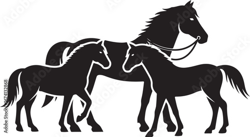 Black Silhouette of a Horse with Two Foals horses