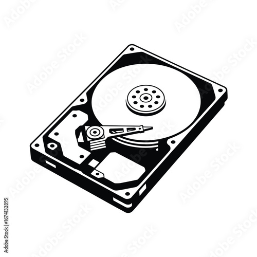 Hand drawn illustration of an open computer hard disk drive