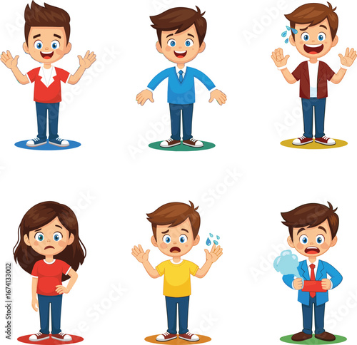 Cartoon kids emotions, surprised boy, anxious child, sad girl, scared student, expressive faces, emotional reactions, learning theme, psychology icons
