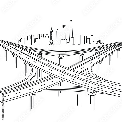 Complex highway interchange in front of a stylized city skyline sketch