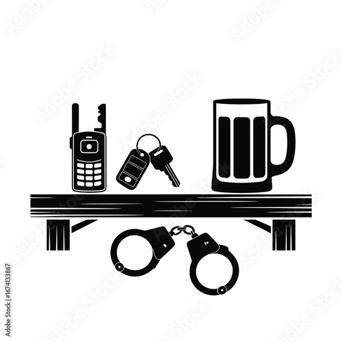 Dui arrest consequences including handcuffs keys and beer mug on a shelf