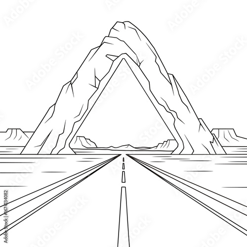 Dramatic mountain archway frames a long straight road leading to the horizon