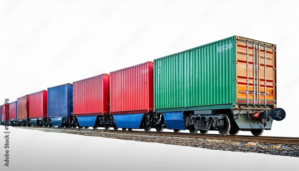 Obraz premium freight train with colorful cargo containers on tracks showcasing vibrant green red and blue containers train is isolated on transparency background emphasizing its design and colors