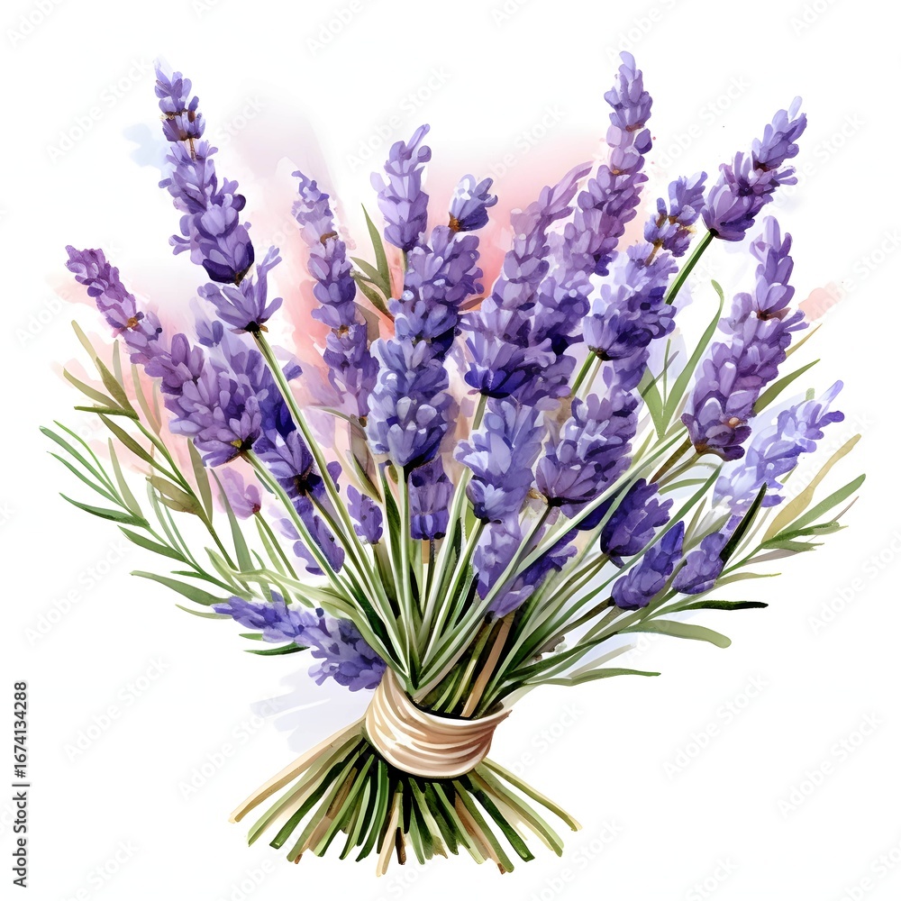 Fototapeta premium The illustration shows a bunch of lavender flowers tied together with a beige ribbon against a white background.