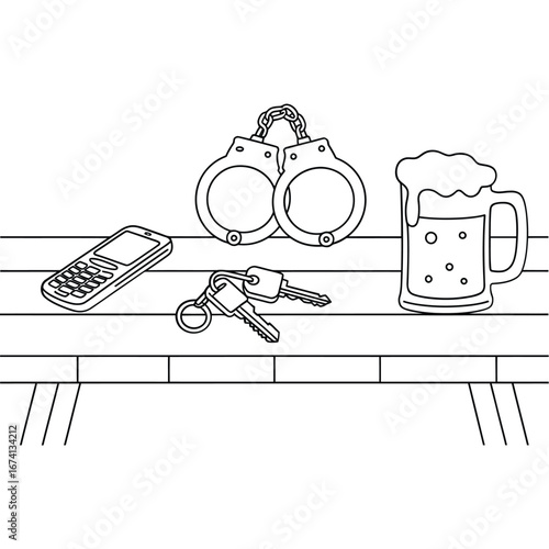 Drunk driving consequences handcuffs keys phone and beer mug illustration