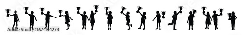 Kids holding trophy cup different poses black silhouettes set on white background. Happy cheerful children holding and raising trophies celebrating winning game competition vector silhouette set.