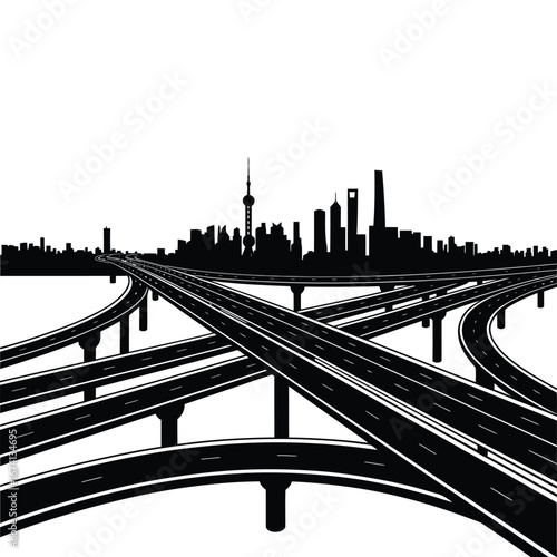 Modern city skyline with complex highway interchange in silhouette