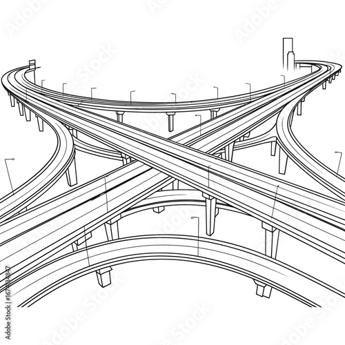 Detailed architectural drawing of a complex highway interchange with multiple levels