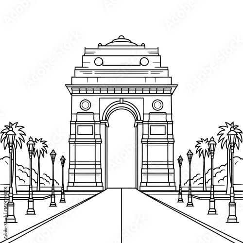 Architectural sketch of india gate monument with palm trees and streetlights