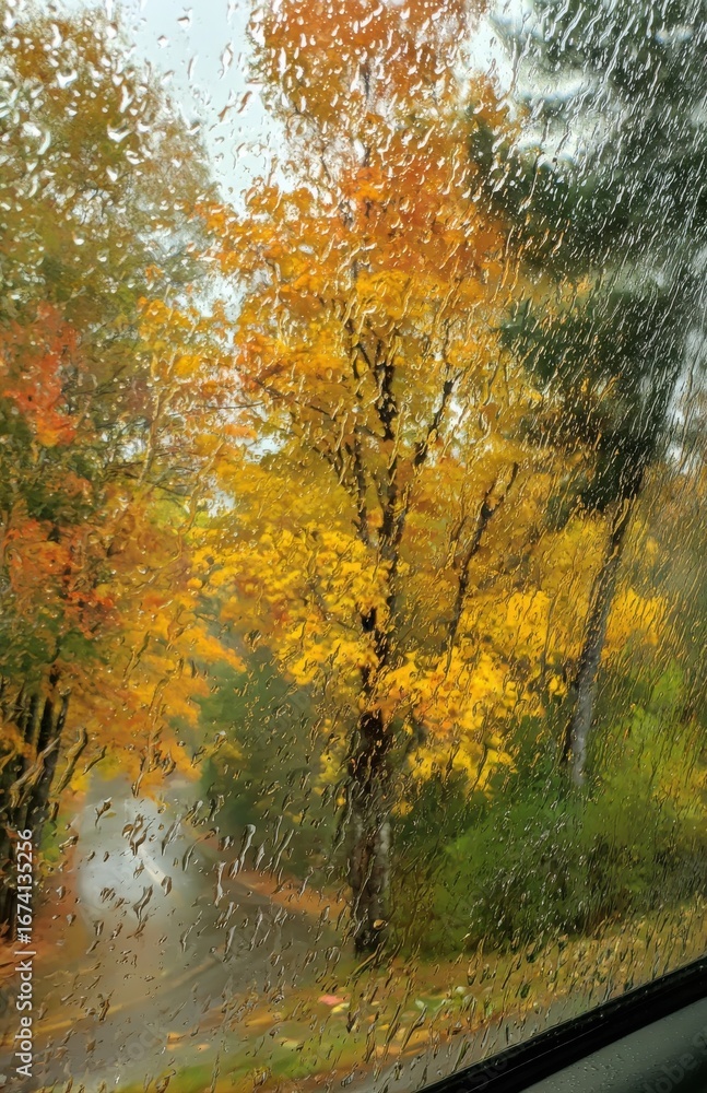 Fototapeta premium Rain falling on car window during autumn road trip