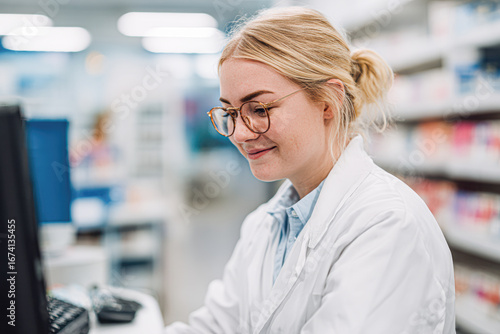 A smiling woman in a lab coat sits at a computer in a pharmacy, indicating a professional and friendly atmosphere.