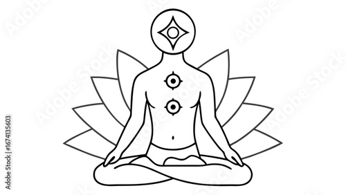 Outline illustration of a spiritual shaman silhouette with chakras and lotus petals