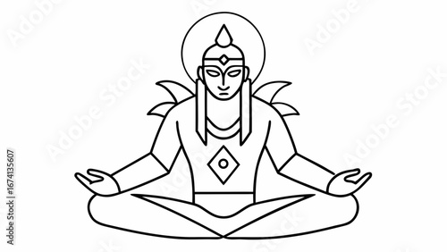 Outline illustration of a shaman in trance with a meditative posture and spiritual symbols