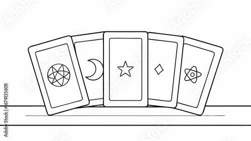 Outline of tarot cards displayed on a wooden table in a minimalistic style 