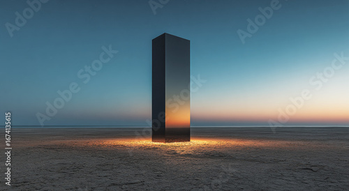 A tall, black, mirror-like monolith stands in the middle of an empty desert at night, with warm light shining from behind it