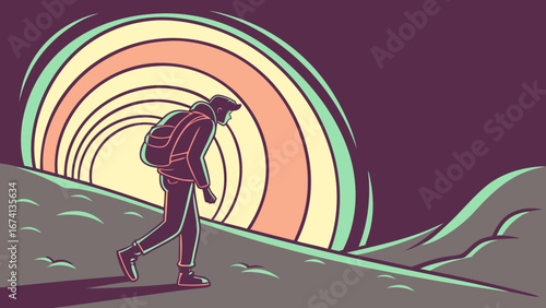Hiker approaching a glowing spiral portal with a vibrant landscape in the background