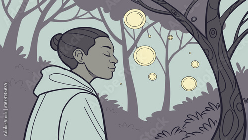 Individual in spiritual trance with a peaceful demeanor surrounded by glowing orbs in nature