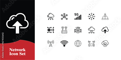 Modern network and cloud technology icons set featuring connectivity data transfer and wireless signals