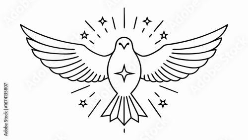 Stylized bird illustration with wings spread and stars in a minimalist design