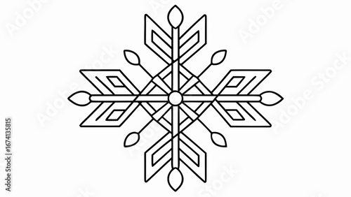 Sacred snowflake pattern design with intricate symmetry and stylized elements in black outline