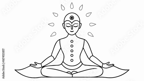 Meditating figure illustration with chakra symbols and serene expression in a minimalistic style
