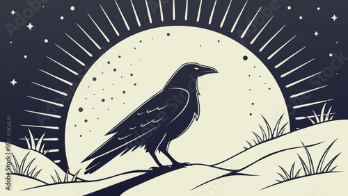 Celestial raven silhouette with radiant sunburst behind in a mystical night scene