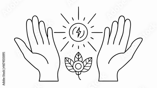 Energy healing hands illustration with a glowing symbol and a leaf in a minimalist style