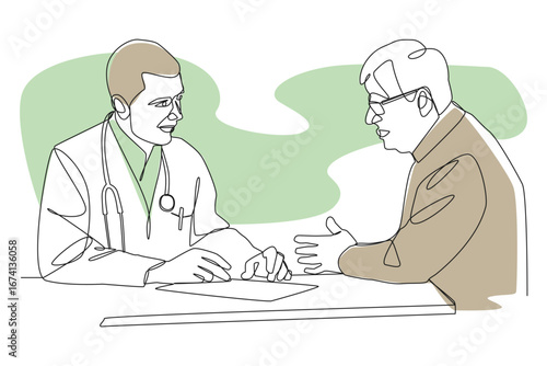 Single continuous line art drawing illustrations of doctor consulting with patient in office . Editable stroke . Vector .