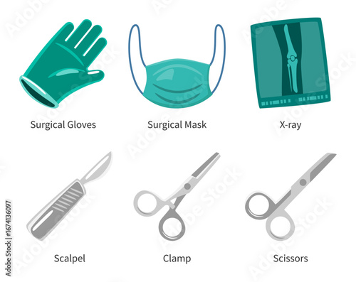 Set of surgical instruments cartoon illustration . Vector .