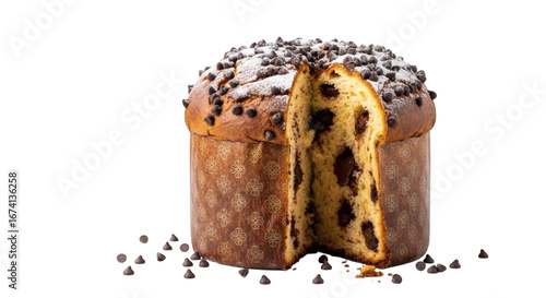 Chocolate chip panettone with powdered sugar on black background