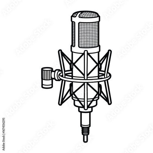 Black and white line drawing of a professional studio condenser microphone