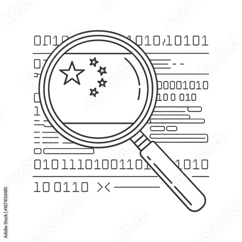 Magnifying glass over binary code with chinese flag symbol