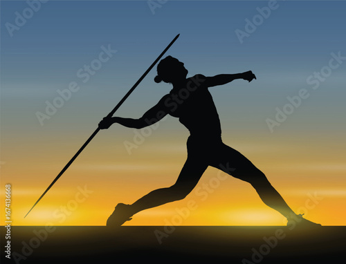 Javelin throw man athlete side view black silhouette against sunset sky background vector graphic.