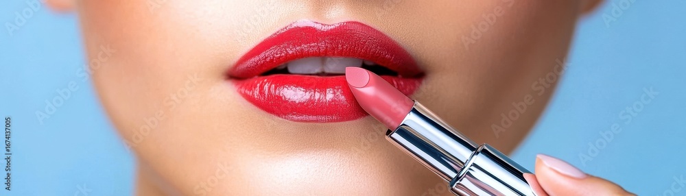 Obraz premium Close-up of lips applying pink lipstick against a light blue background.