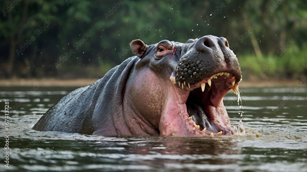 Fototapeta premium A large hippo yawns widely, showing off massive teeth and a cavernous mouth while partially submerged in the murky water. Fish dart quickly away at the sudden movement