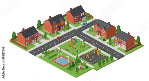 Isometric neighborhood scene with houses and park