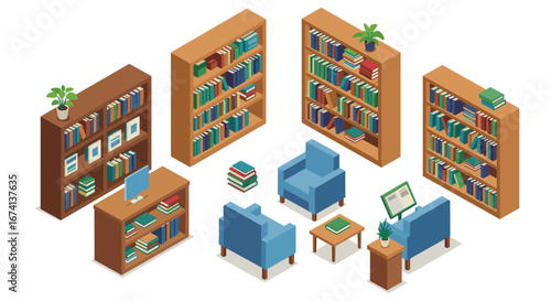 Cozy library reading area with bookshelves and armchairs in isometric design