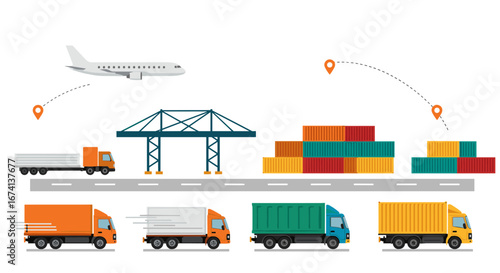 Logistics and transportation elements with cargo containers and delivery vehicles