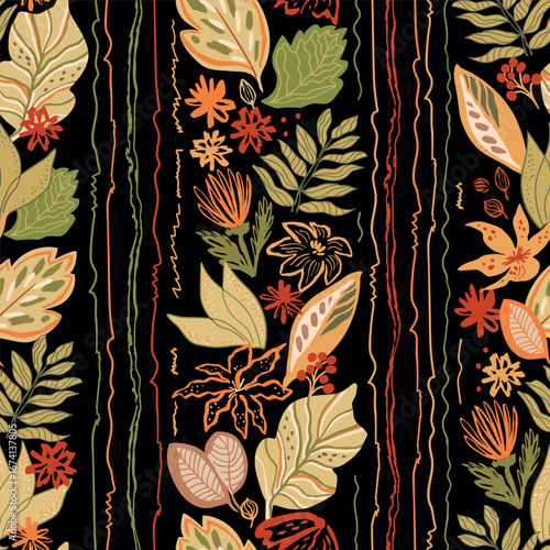 Black striped autumn floral leaves seamless pattern. Artistic hand drawn vertical lines, fall foliage, flowers background. Vector harvest garden wallpaper, nature, botanical textile design, print.