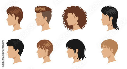 Diverse hairstyles collection featuring modern and classic styles for men and women in profile view
