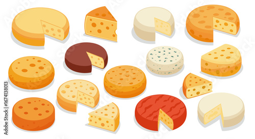 Variety of cheese wheels and wedges in isometric style