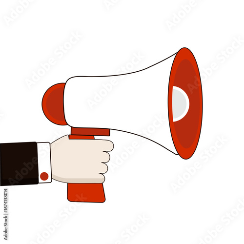 The hand of a man in a suit holds a bullhorn, megaphone, vector, on a white background