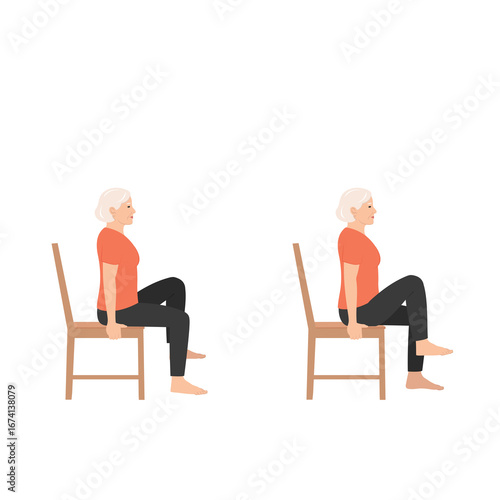 Vászonkép Elderly woman performing seated leg extensions exercise on a chair demonstrating