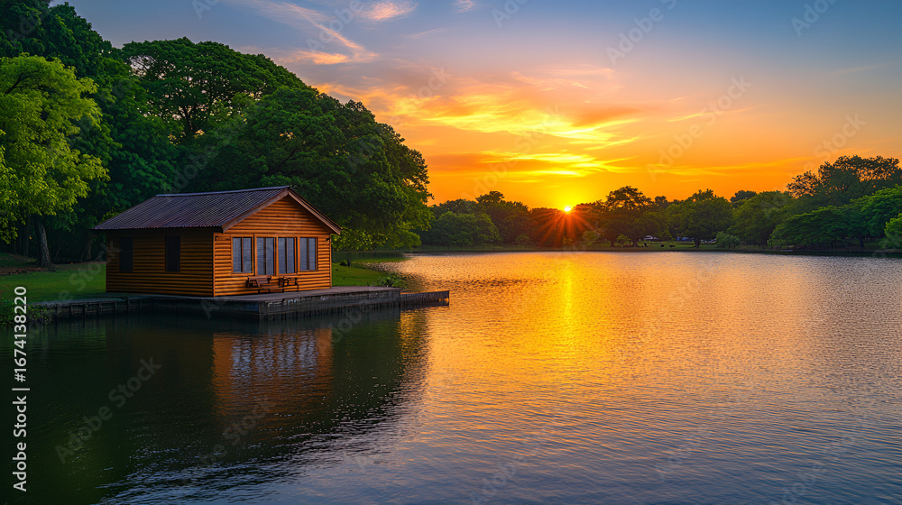 Fototapeta premium A breathtaking sunset over a tranquil lake creating a stunning reflection