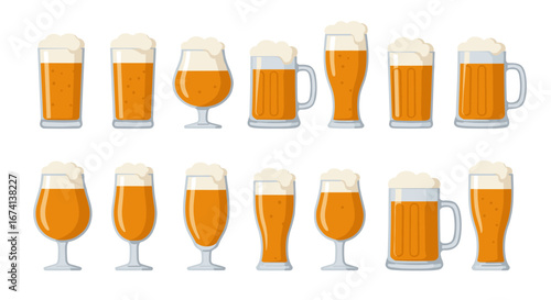 Variety of beer glasses with foam - flat design set for craft brew enthusiasts