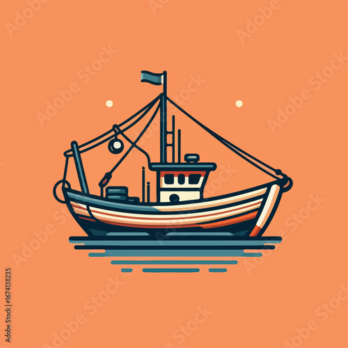 vector illustration of fishing boat on orange background
