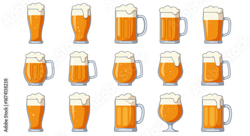 Assorted beer glasses with foam variety set in flat style