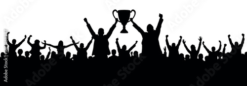Man and woman holding trophy winner with happy people crowd raising arms vector black silhouettes.