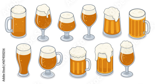 Variety of beer glasses with foam in isometric style on white background